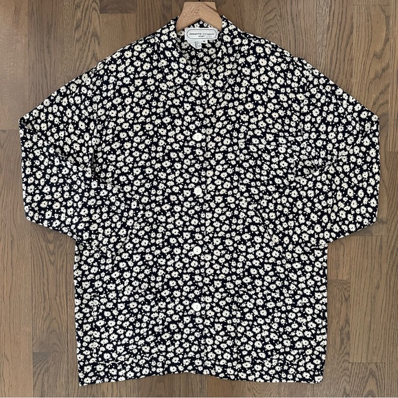 Vintage Ditsy Floral Print Long Sleeve Crepe Shirt Jacket Navy and Cream Medium